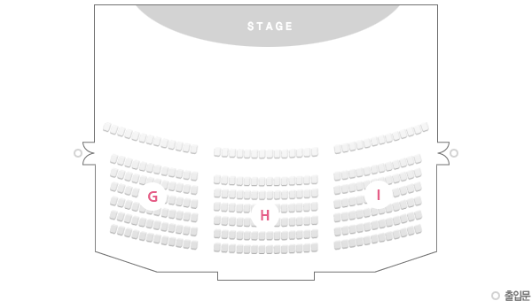 웅부홀 2층 좌석은 총 3개의 영역으로 구분되며 무대를 기준으로 좌측은 G구역, 중앙은 H구역, 우측은 I구역입니다. 출입문은 좌우 각 하나씩 있습니다.
