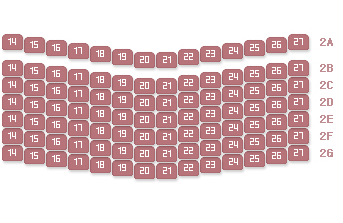 H구역 좌석배치도로 앞에서 부터 2A~2G열 좌측부터 우측방향으로 14번~27번 좌석이 있습니다.